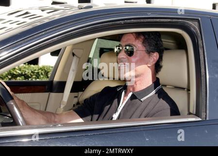 Sylvester Stallone verlässt ein Beverly Hills Café mit Freunden nach einem Mittagessen mit dem kalifornischen Gouverneur und der Actionfilmlegende Arnold Schwarzenegger. Los Angeles, Kalifornien. 10/11/08. Stockfoto