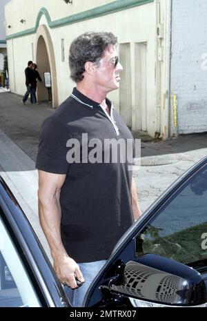 Sylvester Stallone verlässt ein Beverly Hills Café mit Freunden nach einem Mittagessen mit dem kalifornischen Gouverneur und der Actionfilmlegende Arnold Schwarzenegger. Los Angeles, Kalifornien. 10/11/08. Stockfoto