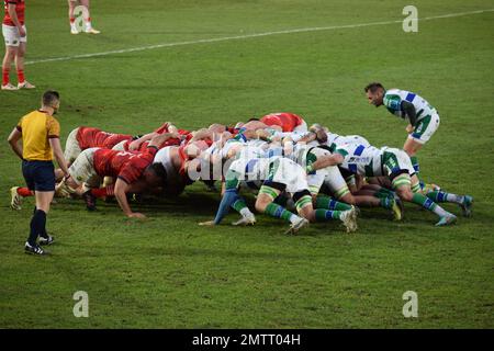 Munster scrum während ihres Spiels gegen Benetton Rugby in Treviso im Januar 2023 in der URC Stockfoto