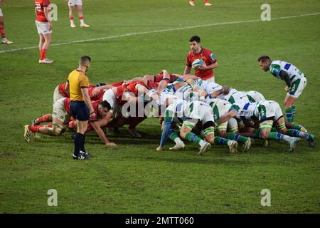 Munster scrum während ihres Spiels gegen Benetton Rugby in Treviso im Januar 2023 in der URC Stockfoto