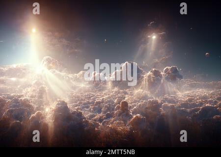 Eine digitale Illustration der leuchtenden Umrisse himmlischer Kreaturen über den Wolken Stockfoto