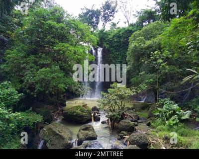 Die natürliche Frische des Curug oder der Wasserfälle Gondoroiyo in Semarang. Indonesien. Langzeitbelichtung. Stockfoto