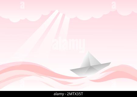 vektordarstellung eines Origami-Papierboots im Meer mit Sonnenschein, rosa Farbmotiv, niemand ohne Menschen. Das Konzept der Lebensreise. Stock Vektor