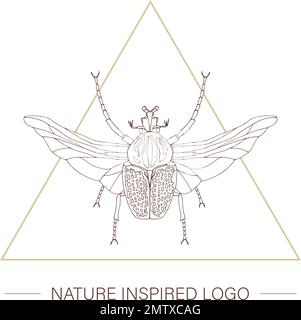 Handgezeichneter, tropischer goliath-Käfer mit Flügeln in einem Dreieck. Logo mit Insektenmotiv für natürliches Design Stock Vektor