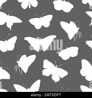 Vektornahtloses Muster weißer Schmetterlingssilhouetten auf grauem Hintergrund. Insektenmotiv mit Wiederholungshintergrund. Süßes, einfarbiges Schmuckstück Stock Vektor