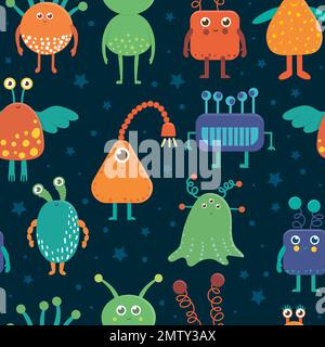 Vektornahtloses Muster süßer Aliens für Kinder. Leuchtende und lustige flache Illustration von lächelnden außerirdischen Kreaturen auf blauem Hintergrund. Spacecomment Stock Vektor