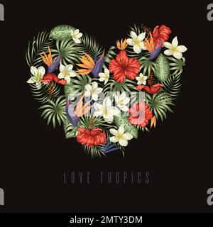Vektorzusammensetzung grüner tropischer Blätter mit herzförmigen Plumeria-, strelitzia- und Hibiskusblüten auf schwarzem Hintergrund. Sommer oder Frühling Stock Vektor