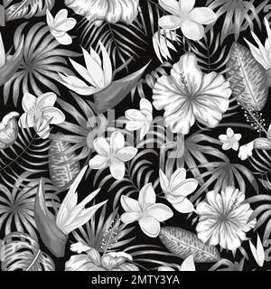 Vektornahtloses Muster monochromer tropischer Blätter mit Plumeria-, strelitzia- und Hibiskusblüten auf schwarzem Hintergrund. Sommer- oder Frühlingswiederholung Stock Vektor