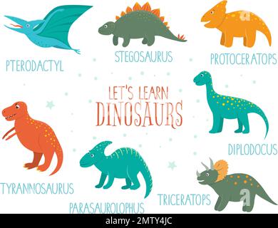 Vektorset süßer Dinosaurier mit Namen isoliert auf weißem Hintergrund. Lustige flache Dino-Figuren. Süße prähistorische Reptilien Illustration Stock Vektor