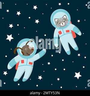 Vektorwitzige Astronautin Katze und Hund im Weltraum mit Planeten und Sternen. Süße kosmische Illustration für Kinder auf blauem Hintergrund Stock Vektor