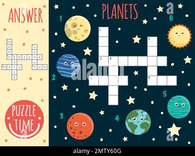 Vektorraum-Kreuzworträtsel. Farbenfrohes Quiz für Kinder. Puzzle-Aktivität mit Planeten, Mond, Neptun, Erde, Mars, Venus, So. Stock Vektor