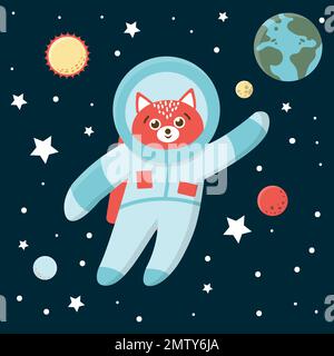 Vektor-lustiger Astronautenfuchs im Weltraum mit Planeten und Sternen. Süße kosmische Illustration für Kinder auf blauem Hintergrund Stock Vektor
