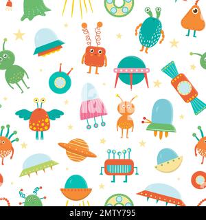 Vektor-Nahtloses Muster süßer Aliens, ufo, fliegende Untertasse für Kinder. Leuchtende und lustige flache Illustration von lächelnden außerirdischen Kreaturen auf w Stock Vektor