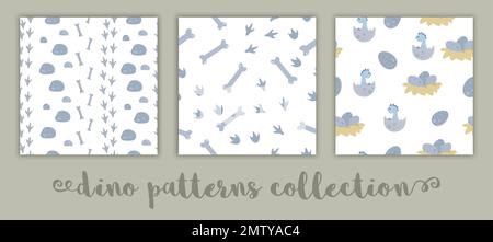 Satz nahtloser Vektor-Dinosaurier-Muster für Kinder. Dino flacher Cartoon-Hintergrund mit Baby-Dinos in Nestern, Knochen, Fußabdrücken, Eiern, Steinen. Süße PR Stock Vektor