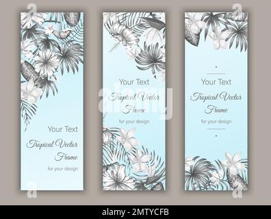 Vektorlesezeichen mit tropischen Blättern, Plumeria, strelitzia und Hibiskusblüten auf blauem Hintergrund. Vertikale Vorlagen für Sommer- oder Frühlingstropien. Tre Stock Vektor