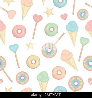 Nahtloses Vektormuster mit Regenbogenlutscher, Herzen, Donuts, Sternen, Eiscreme auf weißem Hintergrund. Süße magische Nachspeise im Aquarellstil, Wiederholung auf der Rückseite Stock Vektor
