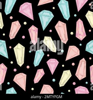 Nahtloses Vektormuster mit magischen farbigen Kristallen auf schwarzem Hintergrund. Niedlicher, magischer Hintergrund in Aquarellfarben. Edelsteine-Illustration Stock Vektor