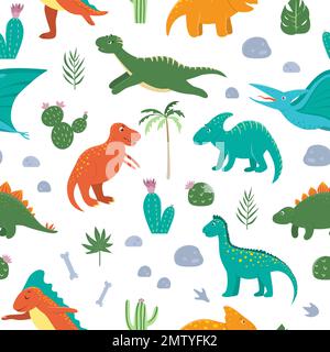 Nahtloses Vektormuster mit süßen Dinosauriern mit Palmen, Kakteen, Steinen, Fußabdrücken, Knochen für Kinder. Dino flache Zeichentrickfiguren Hintergrund. Stock Vektor