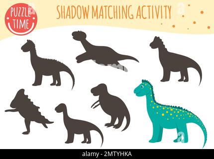 Shadow Matching-Aktivität für Kinder. Dinosaurier-Thema. Süße, lustige lächelnde Dinos. Stock Vektor