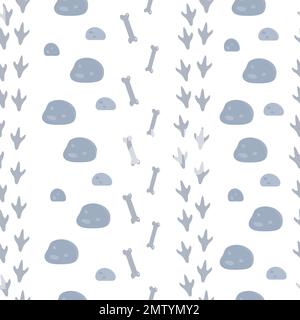 Vektor-Dinosaurier-Nahtloses Muster für Kinder. Dino flacher Cartoon-Hintergrund mit Knochen, Fußabdrücken, Steinen. Süße prähistorische Reptilien Illustration. Stock Vektor