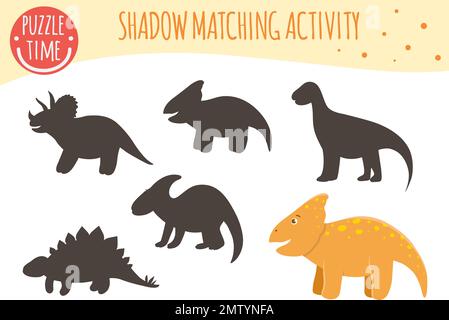 Shadow Matching-Aktivität für Kinder. Dinosaurier-Thema. Süße, lustige lächelnde Dinos. Stock Vektor