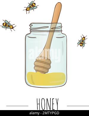 Vektordarstellung eines Honigglases mit Löffel und Bienen. Banner, Karte, Vorlage, Schild, Schild oder Poster für hausgemachten Honigladen. Honig-Symbol, ich Stock Vektor
