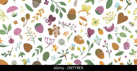 Vektornahtloses Muster süßer flacher Waldinsekten und Pflanzen. Waldelemente wiederholen den Hintergrund. Schönes, kindisches Design für Schreibwaren, Text Stock Vektor