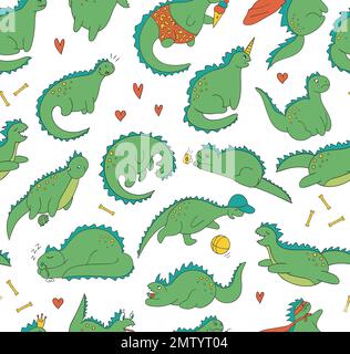 Vektornahtloses Muster lustiger farbiger Dinosaurier in verschiedenen Posen. Comic-Dino-Hintergrund im Cartoon-Stil. Doodle-Line-Zeichnung von sarkastischem Reptil Stock Vektor