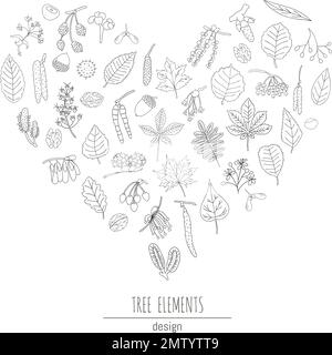 Vektorsatz aus schwarzen und weißen Baumelementen, isoliert auf weißem Hintergrund, in Herzform gerahmt. Strichzeichnung von Birke, Ahorn, Eiche, Zwerg, Kastanie, Ha Stock Vektor