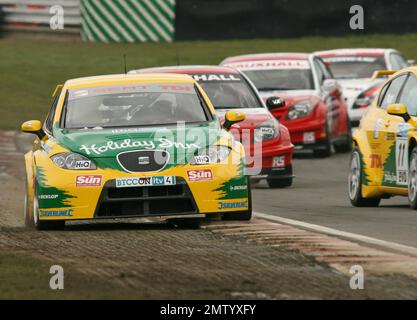 Darren Turner rast auf der Rennstrecke Brands Hatch in Kent England während der British Touring-Automeisterschaft 2008 in Seat Leon TDI. Stockfoto