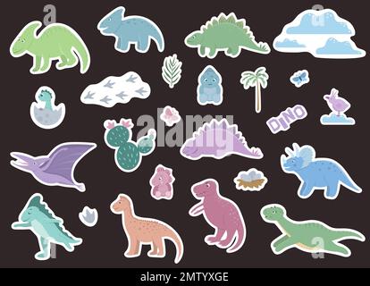 Vektorset mit süßen Dinosaurierstickern mit Wolken, Eiern, Vögeln, Fußabdrücken, Kakteen, Palme für Kinder. Dino Flat-Cartoon-Charaktere-Konzept. Wie Süß Stock Vektor