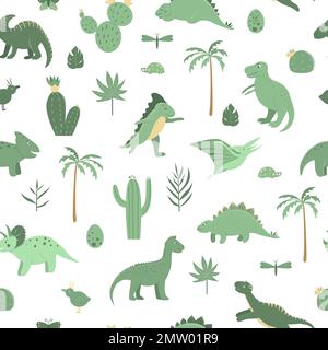 Nahtloses Vektormuster mit süßen grünen Dinosauriern mit Palmen, Kakteen, Steinen, Fußabdrücken, Knochen für Kinder. Dino Flat Cartoon Figur Backgro Stock Vektor