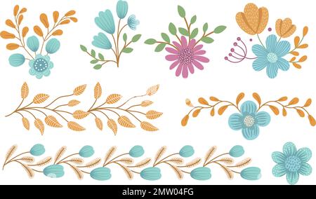 Vektorblumen-Clip-Art-Set. Handgezeichnete flache, trendige Illustration mit Blumen, Blättern, Ästen. Wiesen, Wälder, Waldelemente isoliert auf weißem Bach Stock Vektor