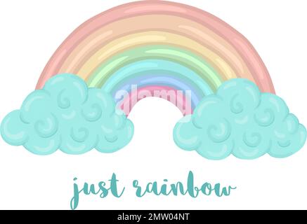 Süße Vektordarstellung eines Regenbogens in Aquarellfarben mit Wolken auf weißem Hintergrund. Einhorn-Motiv für Druck, Banner, Karte oder Text Stock Vektor