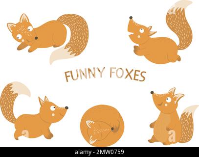Ein Vektorset handgezeichneter flacher, lustiger Füchse in verschiedenen Posen. Niedliche Darstellung von Waldtieren für das Design von Kindern. Stock Vektor