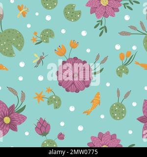 Vektor Nahtloses Muster im Cartoon-Stil flache Wasserlilie, Libelle, Mücke, Schilf auf blauem Hintergrund. Niedliche Textur mit Waldmoor Stock Vektor