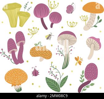 Vektorset mit flachen, lustigen Pilzen mit Beeren, Blättern und Insekten. Clip-Art für Kinder im Herbst. Süße Pilze-Illustration Stock Vektor