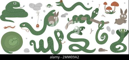 Ein Vektorset handgezeichneter flacher Schlangen in verschiedenen Posen. Niedliche Darstellung von Waldtieren für das Design von Kindern. waldserpe Stock Vektor