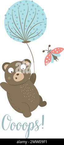 Ein handgezeichneter, flacher Bär im Vektorstil, der mit Marienkäfer auf einem Löwenzahn fliegt. Lustige Szene mit dem Fall von Teddy. Süße Illustration eines Waldtieres Stock Vektor