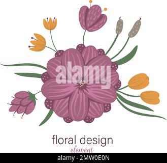 Rundes Dekorelement mit Vektorblumen. Flache, trendige Illustration mit Blumen, Blättern, Zweigen, Schilf, Wasserlilien. Sumpf, Wald, Wald-Clip-Art Stock Vektor