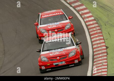 Matt Neal, gefolgt von Fabrizio Giovanardi in seinem Vauxhall Vectra für das VX-Team bei der British Touring Car Championship 2008 bei Brands Hatch am Paddock Hill Bend. Stockfoto