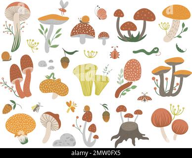 Vektorset mit flachen, lustigen Pilzen mit Beeren, Blättern und Insekten. Clip-Art für Kinder im Herbst. Süße Pilze-Illustration mit Eicheln und CO Stock Vektor