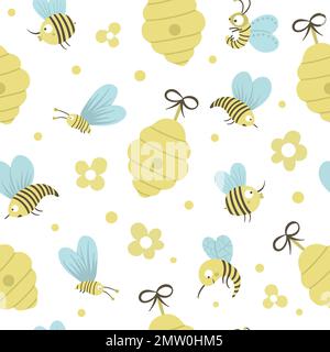 Von Hand gezeichnetes flaches, nahtloses Muster mit Bienenstöcken, Bienen, Blumen. Süßer, lustiger, kindischer, sich wiederholender Hintergrund zum Thema Honigproduktion. Süßes Insekt o Stock Vektor