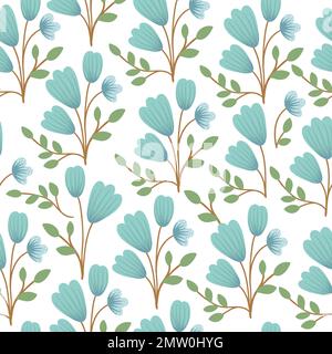 Nahtloser Vektorblumen-Hintergrund. Handgezeichnete flache, schlichte, trendige Illustration mit blauen Glockenblumen und Blättern. Sich wiederholendes Muster mit Wiese, Woodla Stock Vektor