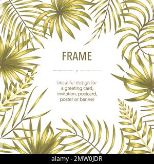 Vektorrahmenvorlage mit goldenen tropischen Blättern und Blumen mit weißem Platz für Text. Karte mit quadratischem Layout und Platz für Text. Herbstdesign für Inv Stock Vektor