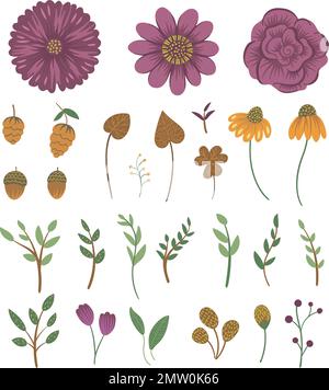 Vektorblumen-Clip-Art-Set. Handgezeichnete flache, trendige Illustration mit Blumen, Blättern, Ästen, Eicheln, Zapfen. Wiesen, Wälder, Waldherbstelemente Stock Vektor