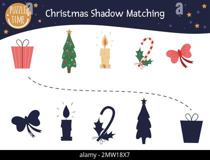 Weihnachtsschattenspiel für Kinder. Süßes lustiges Geschenk, Weihnachtsbaum, Kerze, Zuckerrohr, Schleife. Finde die richtige Silhouette für das Winterspiel. Stock Vektor
