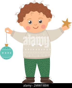 Ein glücklicher Vektor in Pullover mit braunen Locken, der einen Weihnachtsball und einen Stern hält. Süße Winterkinder-Illustration isoliert auf weißem Hintergrund. Spaßbremse Stock Vektor