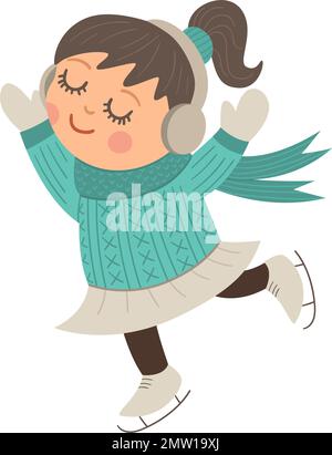 Vektorfreudiges Schlittschuhlaufen-Mädchen in Ohrenschützern. Süße Winterkinder-Illustration isoliert auf weißem Hintergrund. Lustige flache Bilder zu Weihnachten, Neujahr oder Stock Vektor