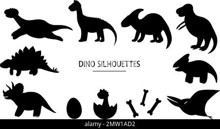 Vektorset mit Dino-Silhouetten. Schwarz-Weiß-Darstellung von Dinosauriern. Lustige prähistorische Schablonen. Stock Vektor